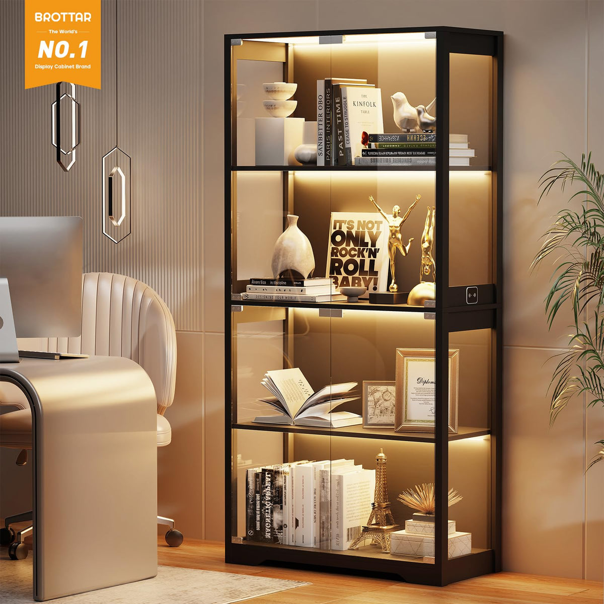 Black 4-Tier Display Cabinet with Glass Doors R697361