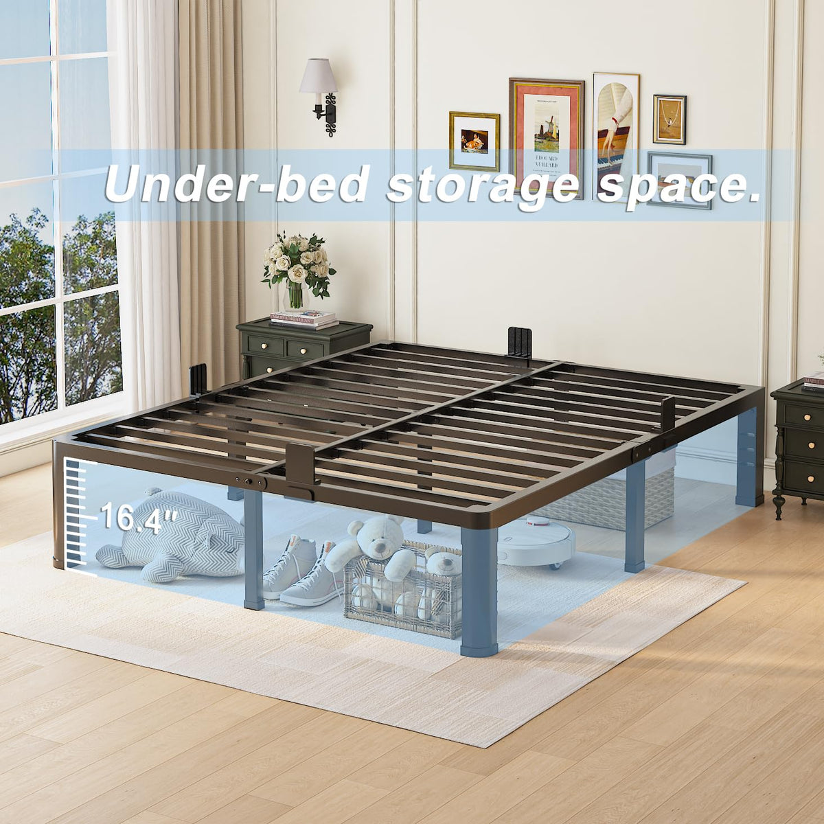 Queen Bed Frame with Headboard Hole and Steel Slats Support B1266