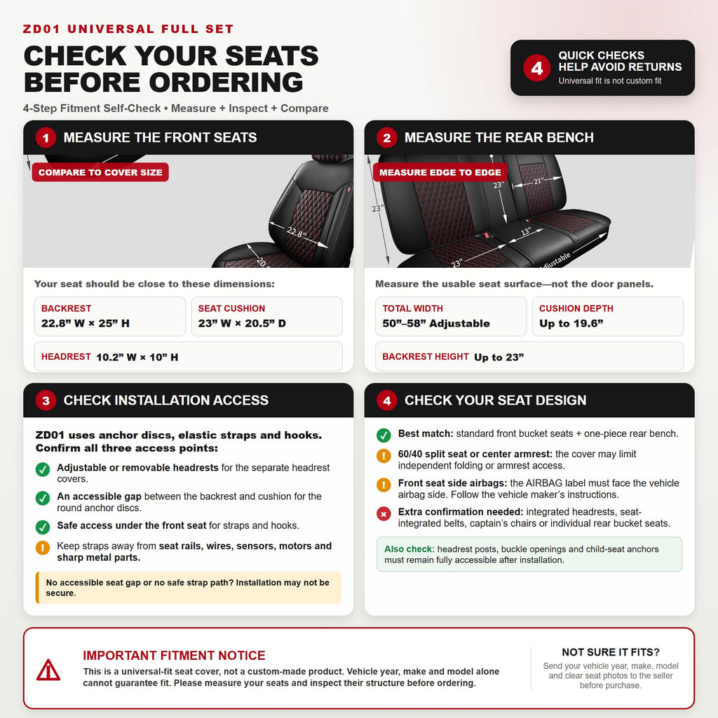 Black and Red Thick Nappa Leather Car Seat Covers Set of 2 W9927