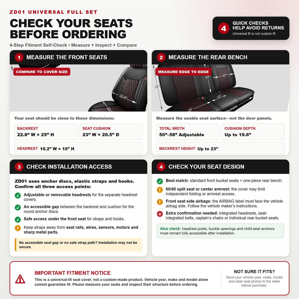 Black and Red Thick Nappa Leather Car Seat Covers Set of 2 W9927