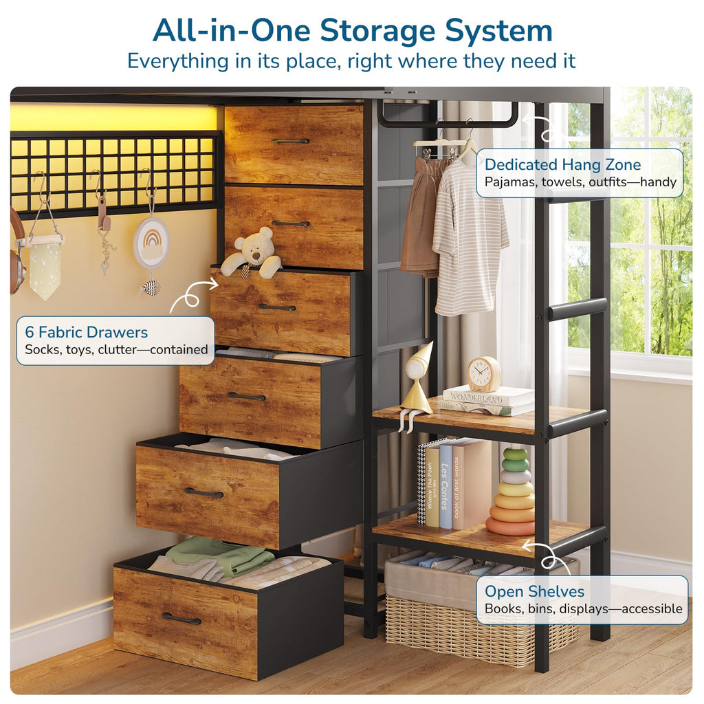 Black Twin Over Twin Triple Bunk Bed with 9 Storage Drawers and LED Lights C55592