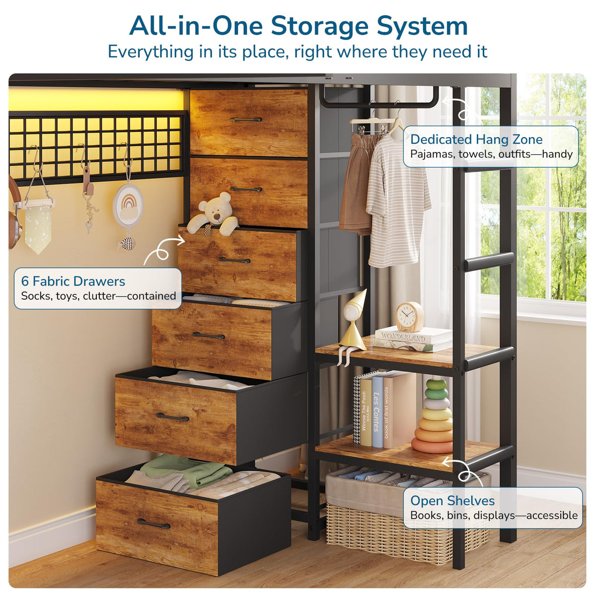 Black Twin Over Twin Triple Bunk Bed with 9 Storage Drawers and LED Lights C55592