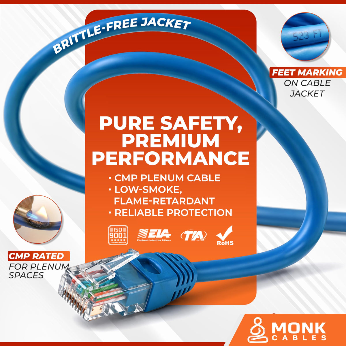CAT 6 Ethernet Cable 1000ft Pure Bare Solid Copper 23AWG UTP CMP Plenum Blue P715277