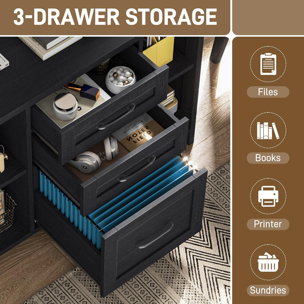Black 3 Drawer Wood File Cabinet with Adjustable Shelves W2396