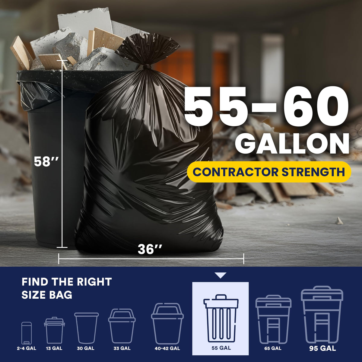 55-60 Gallon Black Heavy Duty Trash Bags 25 Count R48078