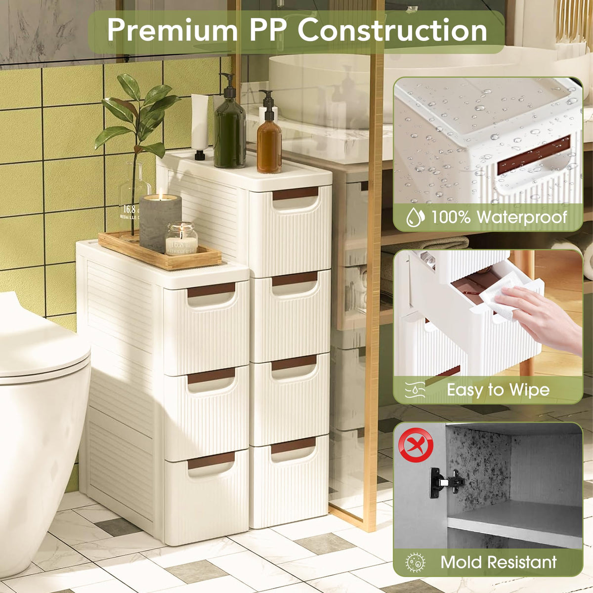 White 3 Drawers Narrow Plastic Bathroom Storage Cabinet E88808