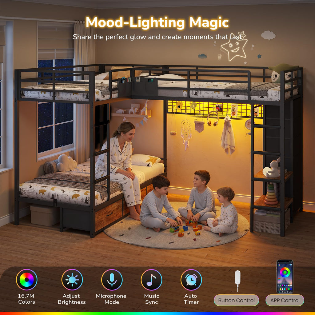 Black Twin Over Twin Triple Bunk Bed with 9 Storage Drawers and LED Lights C55592