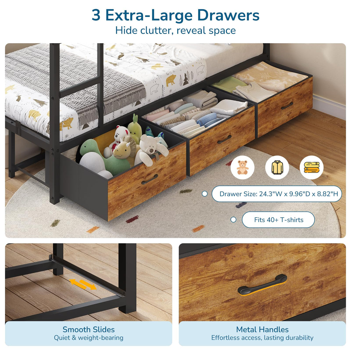 Black Twin Over Twin Triple Bunk Bed with 9 Storage Drawers and LED Lights C55592