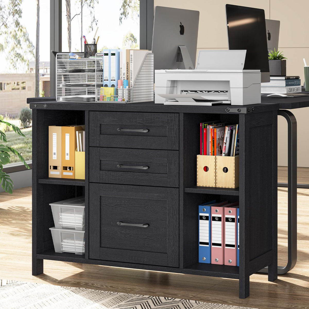 Black 3 Drawer Wood File Cabinet with Adjustable Shelves W2396