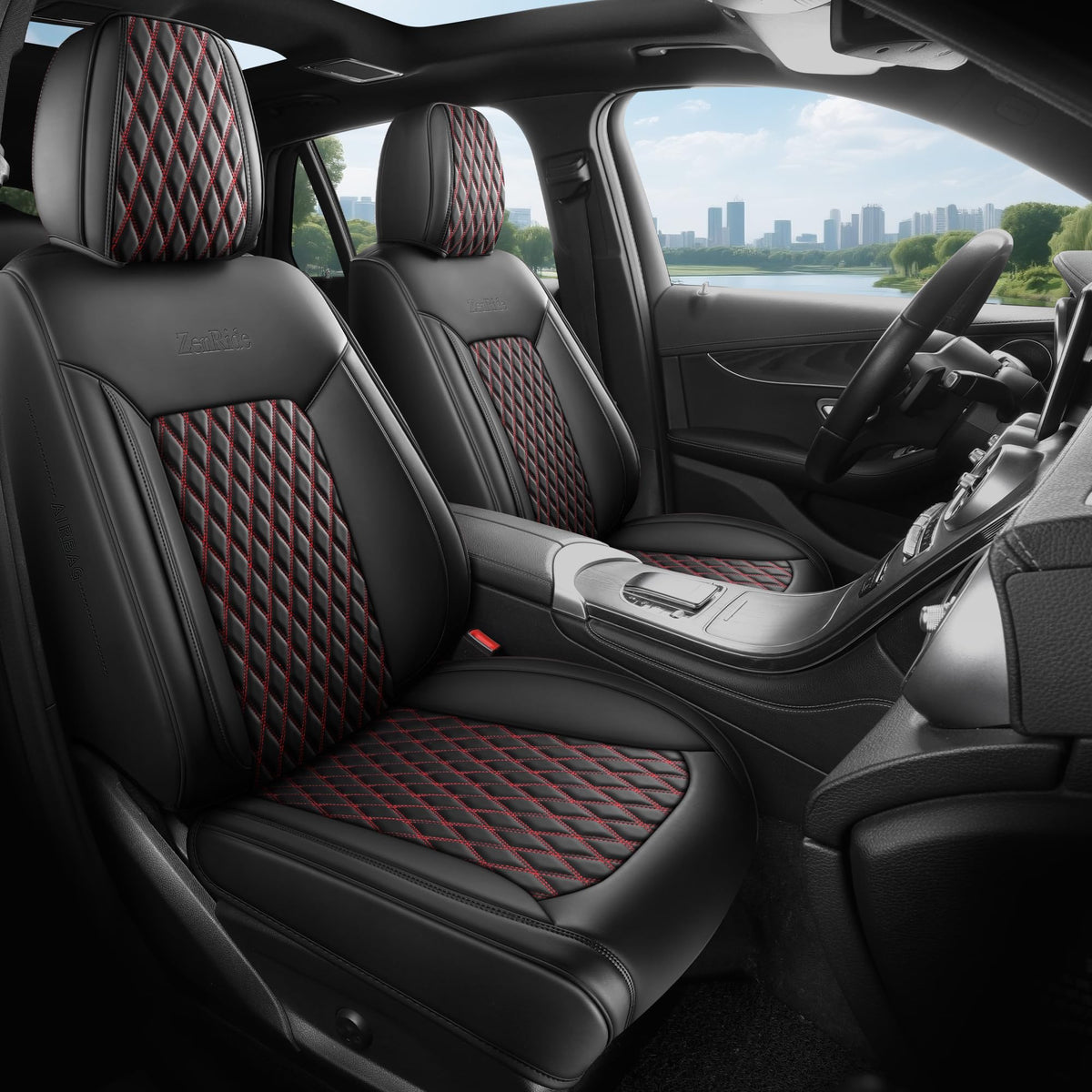 Black and Red Thick Nappa Leather Car Seat Covers Set of 2 W9927