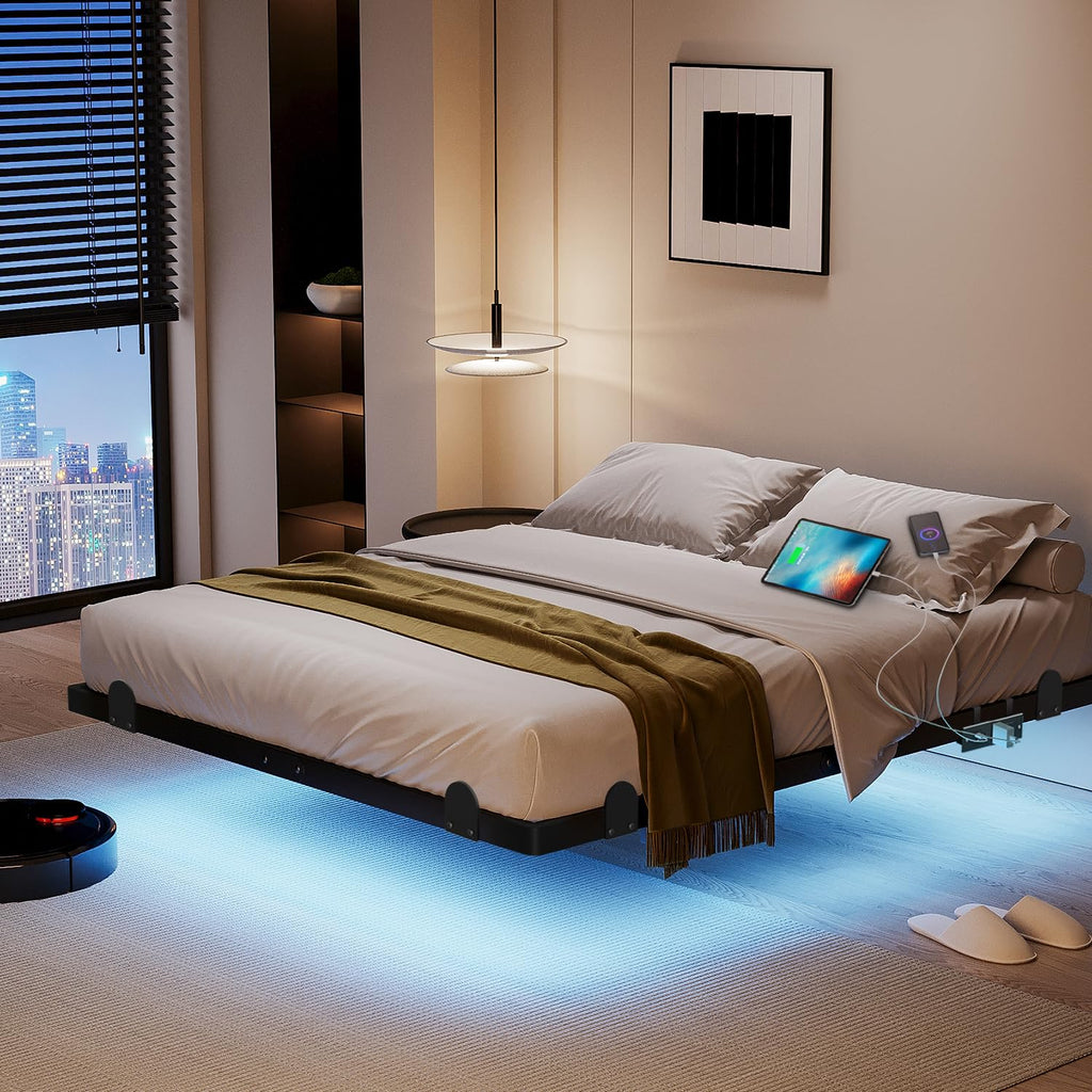 14 Inch Full Bed Frame with LED Lights and Charging Station I989234