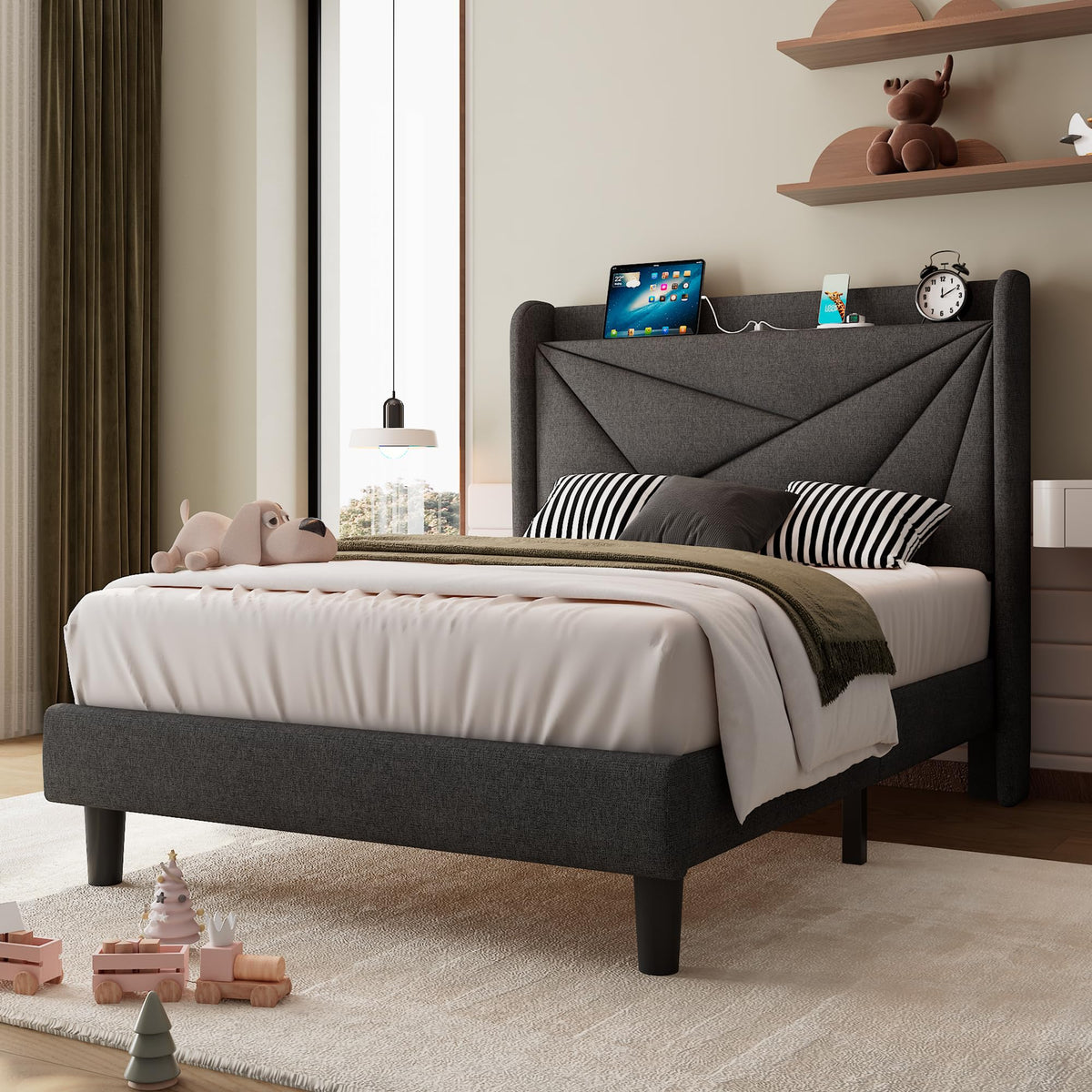 Twin Size Linen Platform Bed Frame with Wingback Upholstered Headboard O78975
