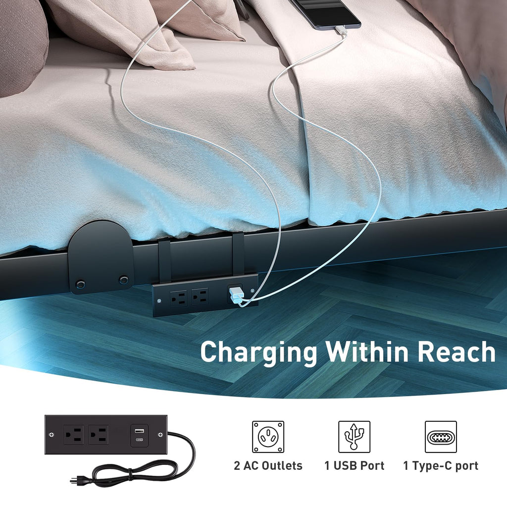 14 Inch Full Bed Frame with LED Lights and Charging Station I989234