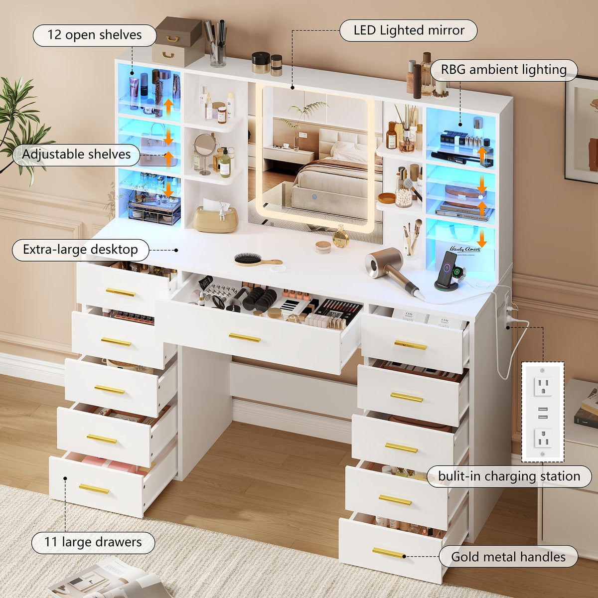55" Extra-Wide White Makeup Vanity Desk with Lighted Mirror & 11 Drawers U4202