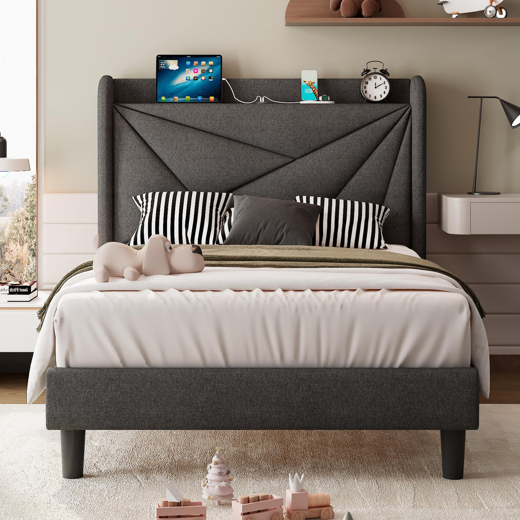 Twin Size Linen Platform Bed Frame with Wingback Upholstered Headboard O78975